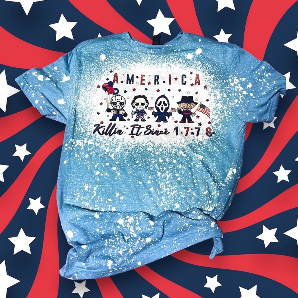 Forth of July horror characters bleach effect shirt